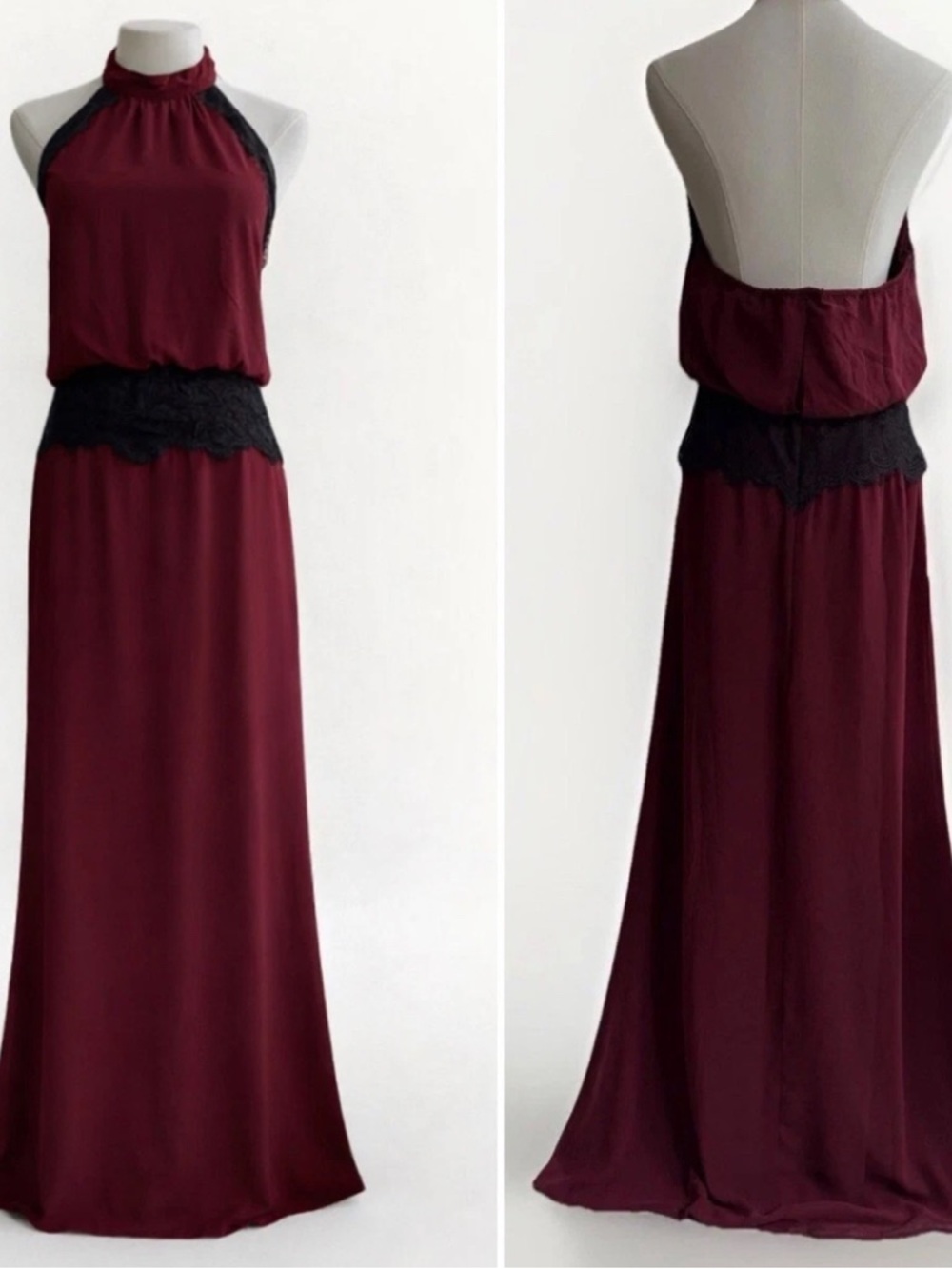 Forever 21 Burgundy Halter Maxi Dress with Black Lace Waist